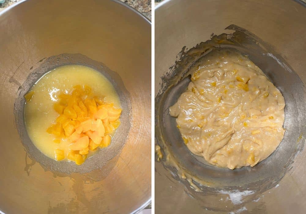two photos; one shows wet ingredients in a mixing bowl; the other shows the peach bread batter after the dried ingredients were added.