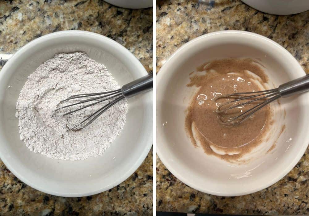 two photos; one shows powdered sugar, pumpkin spice, and milk in a small bowl with a whisk. The other shows the ingredients whisked together to make a pumpkin bread glaze that hardens.