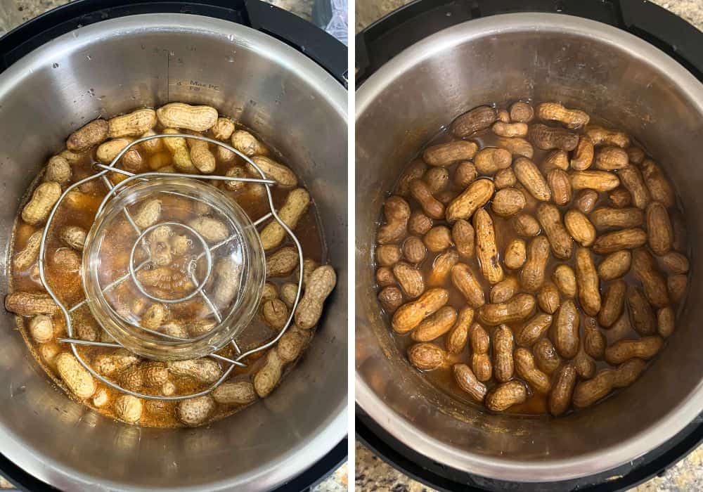 two photos; one shows a trivet on top of the peanuts, weighed down by a Pyrex dish to keep the peanuts submerged. The other shows the boiled peanuts after cooking.