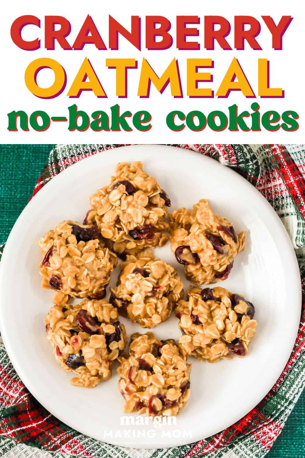 overhead view of a white plate with no bake cranberry oatmeal cookies on it.