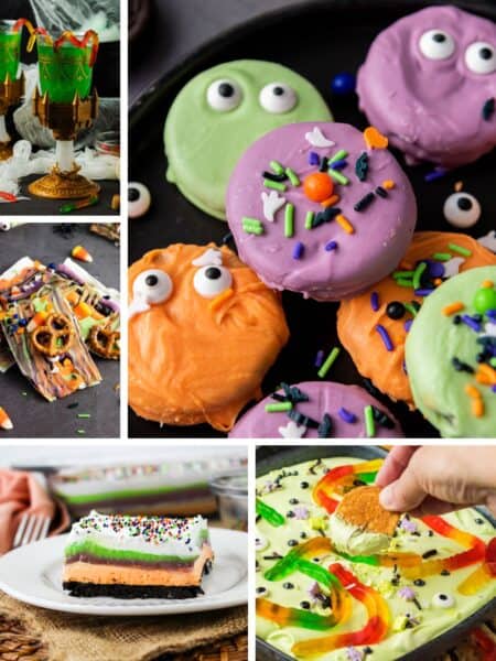 collage image featuring five different photos of no-bake Halloween treats.