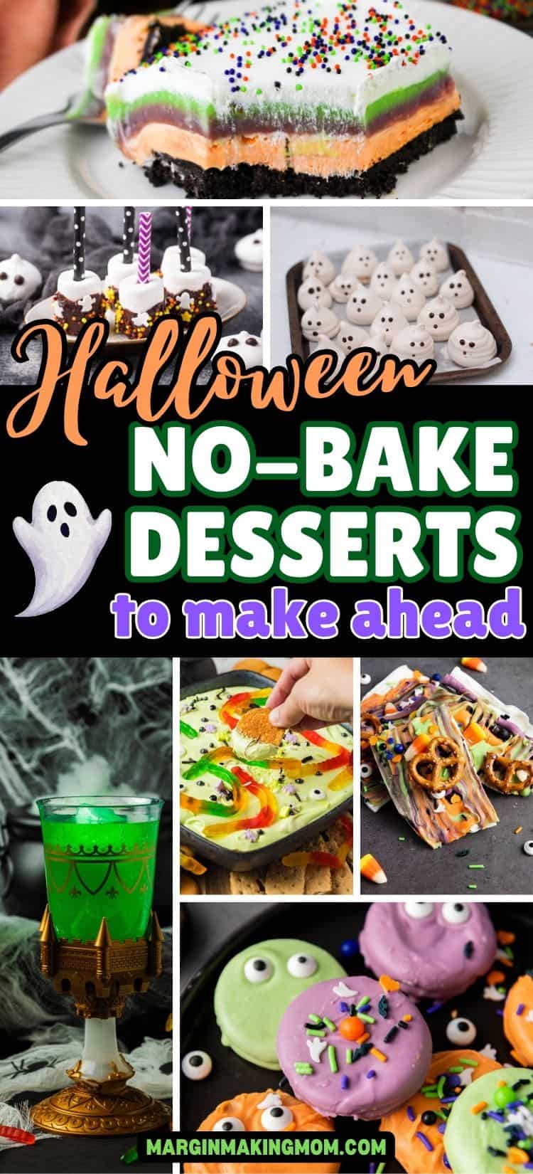 collage image featuring seven photos of Halloween no-bake desserts that can be made ahead of time.