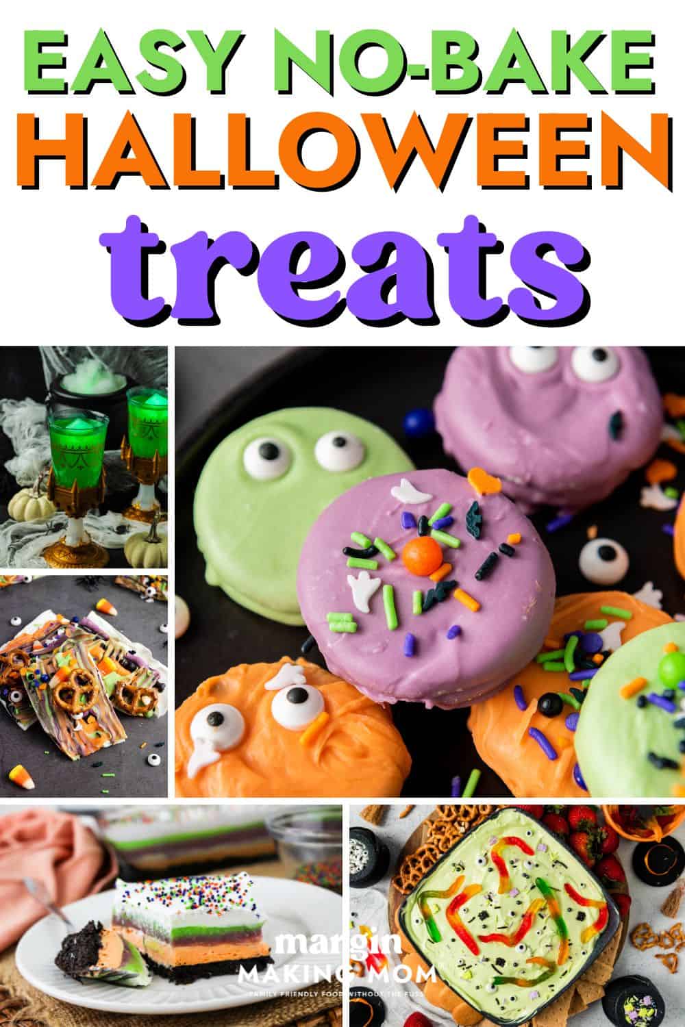 collage image featuring five no bake Halloween treats that are easy to make.