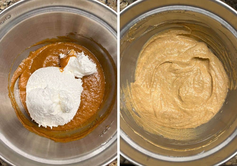 two photos; one shows whipped topping added to the pumpkin mixture; the other shows the ingredients mixed together to create the pumpkin pie filling.