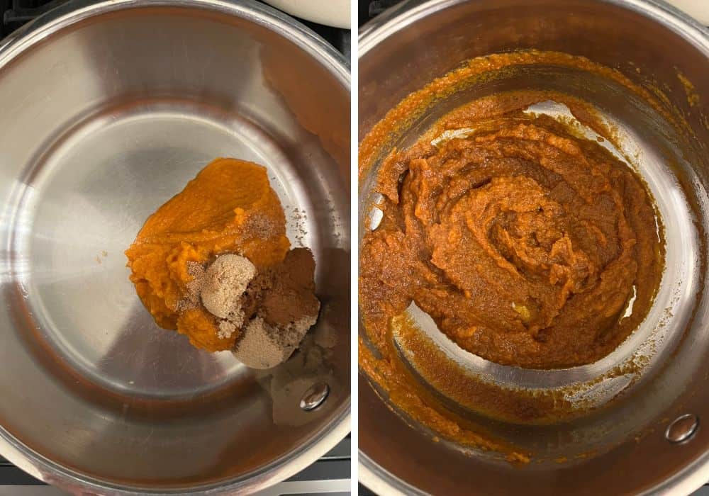 two photos; one shows pumpkin puree, cinnamon, nutmeg, cloves, salt, and brown sugar in a medium saucepan; the other shows the ingredients mixed together as they cook over medium heat.