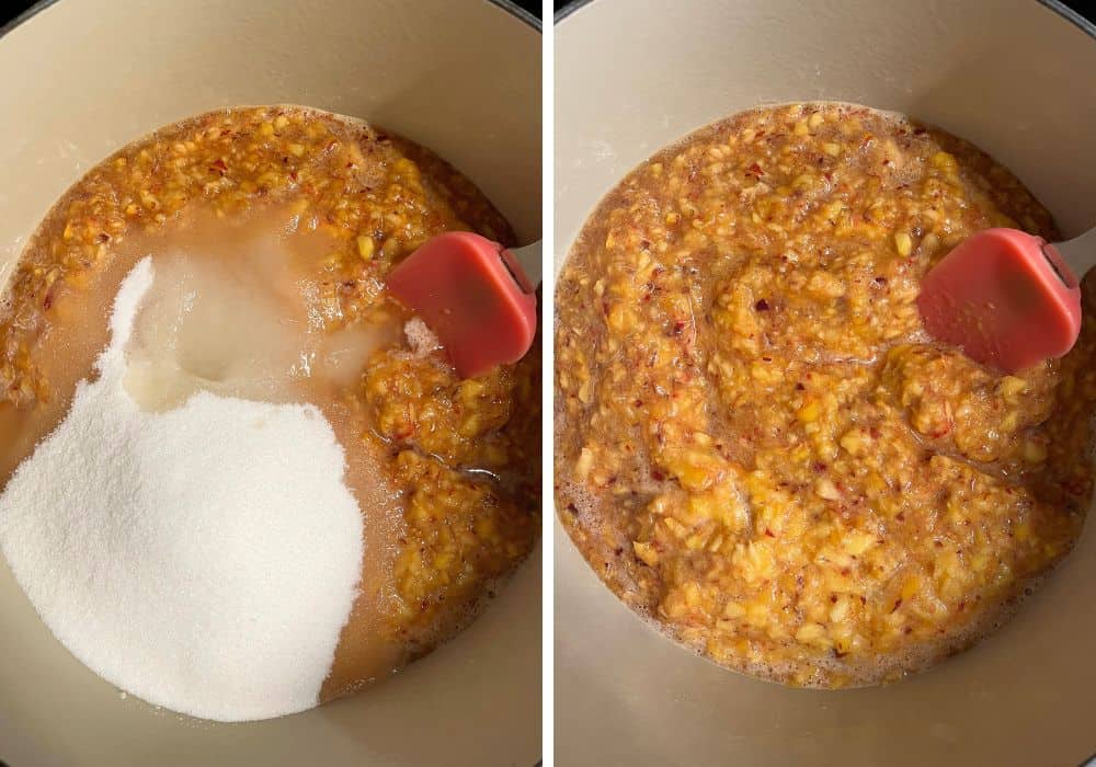 two photos; one shows peaches, lemon juice, and sugar in a dutch oven; the other shows the ingredients mixed together by a spatula.