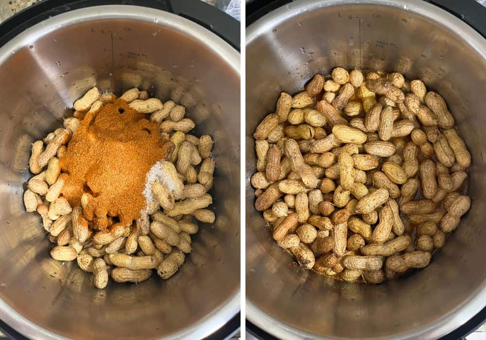two photos; one shows peanuts, Old Bay seasoning, and salt in an Instant Pot; the other shows the peanuts with water added to the pot.