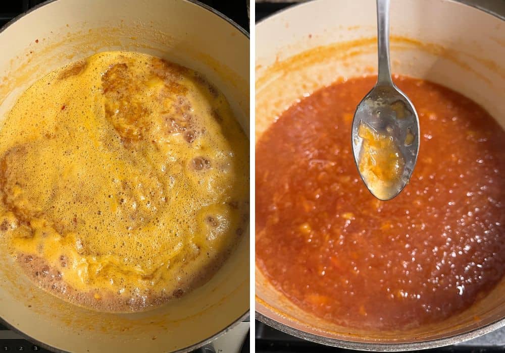 two photos; one shows peach jam as it's cooking, complete with the foam bubbling at the surface. The other photo shows a spoon test to determine whether the jam is finished cooking.