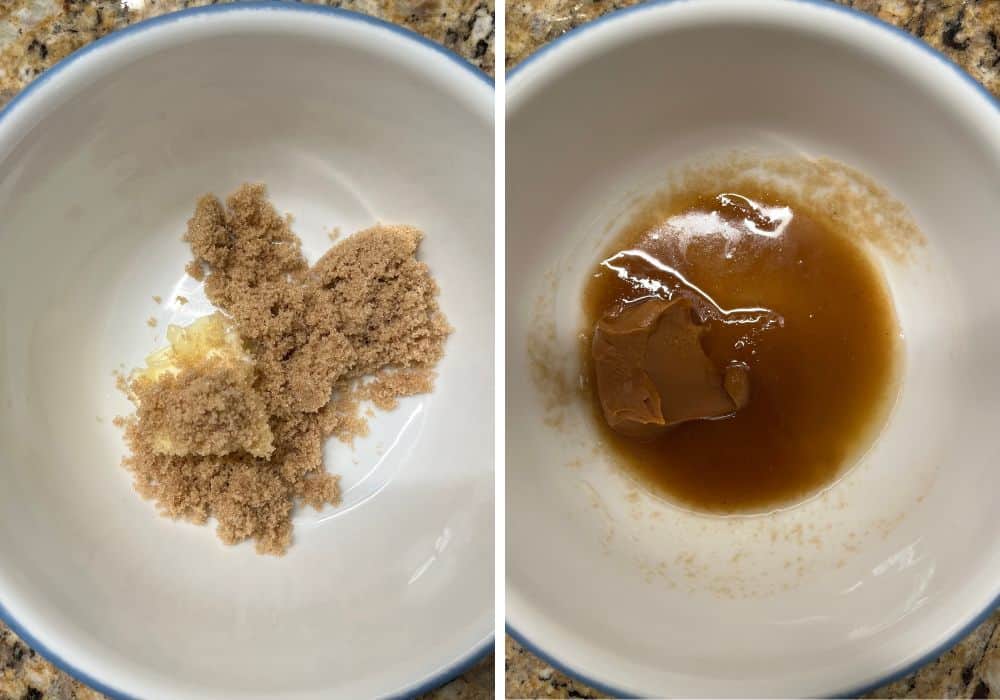 two photos; one shows brown sugar and butter in a small mixing bowl; the other shows those melted together and maple syrup and biscoff cookie butter added to the bowl.