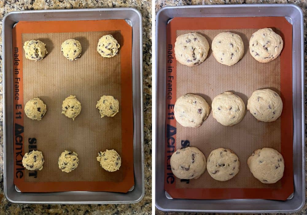 two photos; one shows a pan of unbaked cookie dough rounds; the other shows a pan of freshly baked cookies.