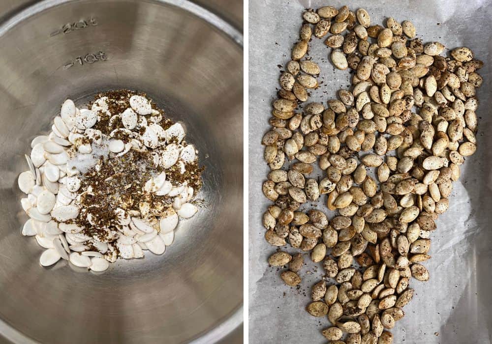 two photos; one shows pumpkin seeds, olive oil, za'atar seasoning blend, and salt in a mixing bowl; the other shows the pumpkin seeds on a baking sheet after being roasted.