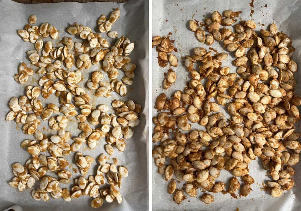 two photos; one shows Biscoff-coated pumpkin seeds on parchment-lined baking sheet; the other shows the pumpkin seeds after baking.