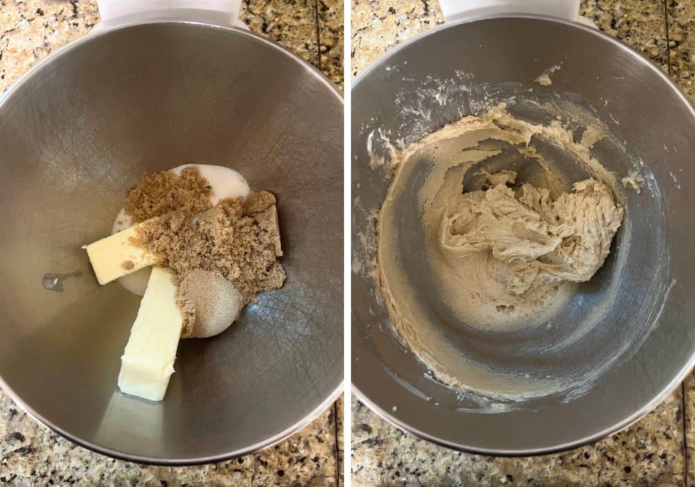 two photos; one shows butter, sugar, and brown sugar in a mixing bowl; the other shows those ingredients beaten together.