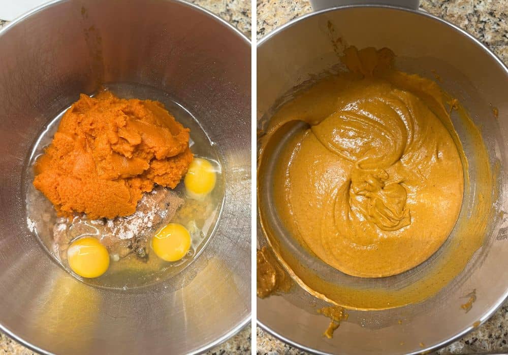 two photos; one shows ingredients for cake mix pumpkin bread in a mixing bowl; the other shows them mixed into a batter.