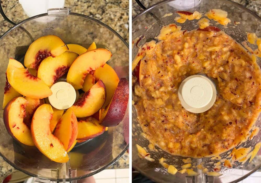 two photos; one shows sliced peaches in a food processor, the other shows the peaches after pulsing.