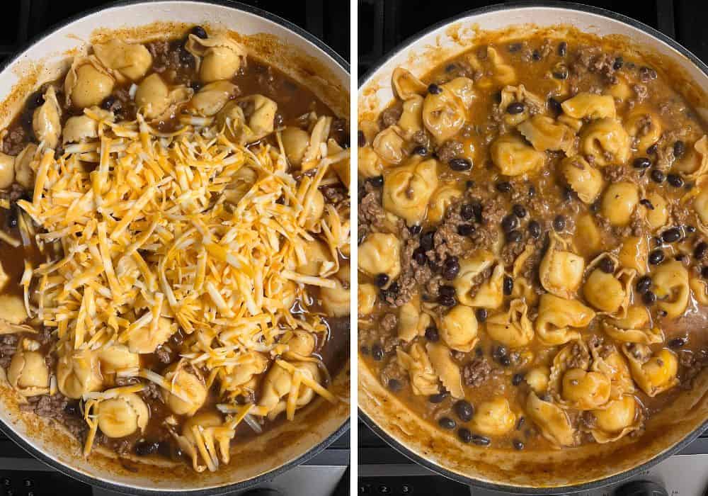 two photos; one shows shredded cheese added to the tortellini; the other shows everything stirred together with the cheese melted.