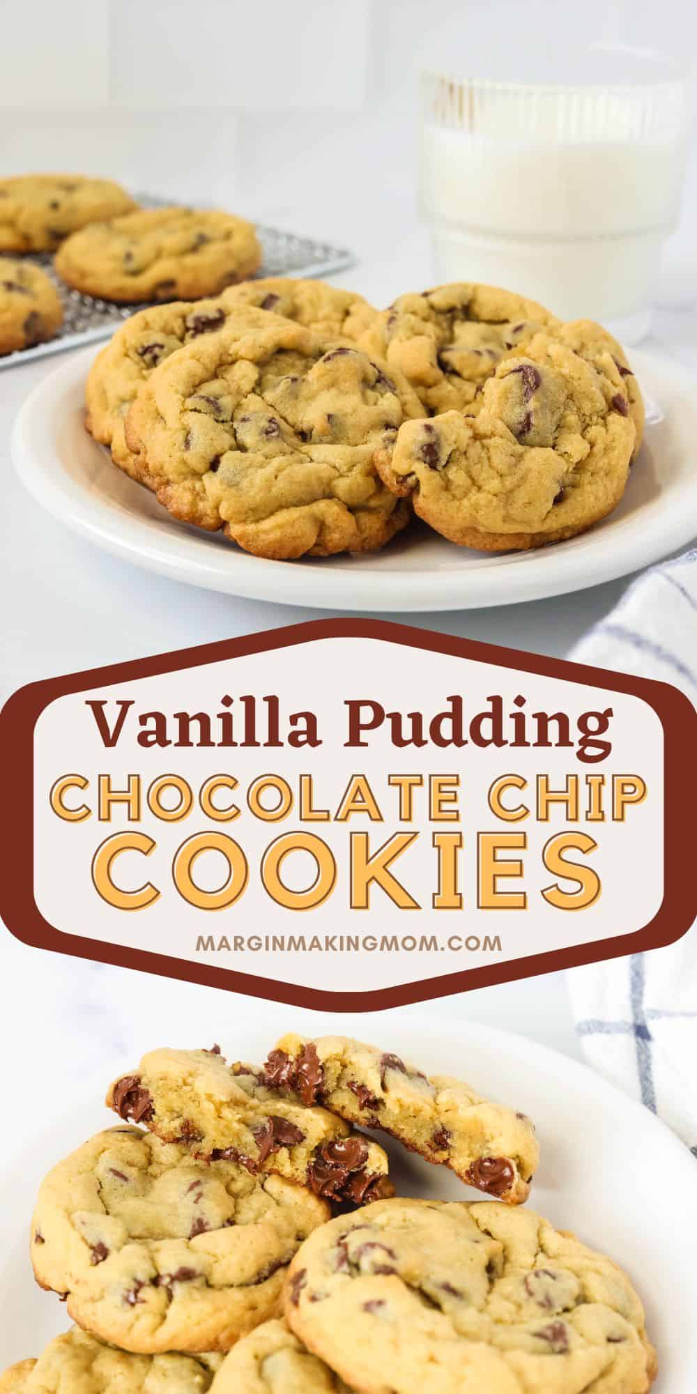 two photos; one shows a plate of chocolate chip pudding cookies next to a glass of milk; the other shows a pile of cookies with one torn in half to show the melted chocolate chips inside.