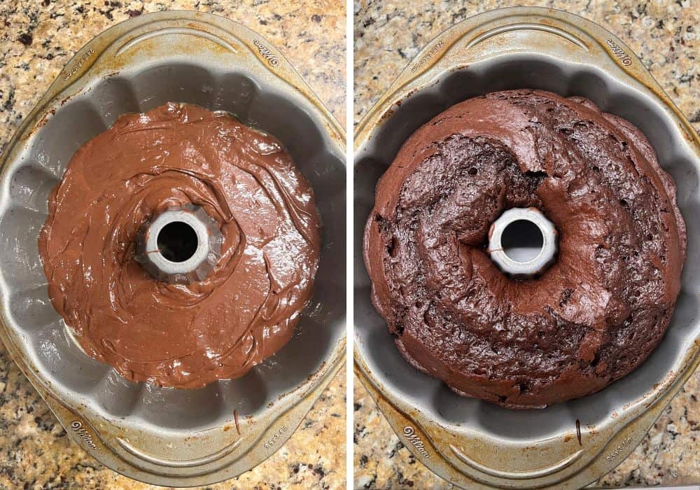 two photos; one shows chocolate cakem ix cake batter in a bundt pan; the other shows the cake in the pan after being baked.