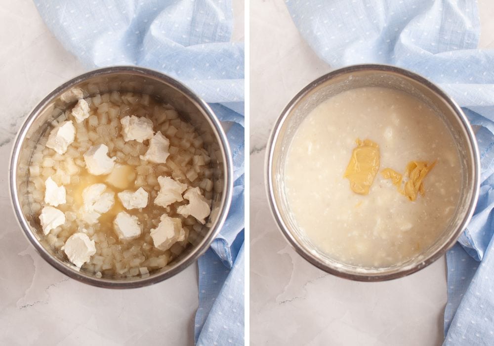 two photos; one shows cream cheese added to the potato soup in the instant pot; the other shows cream of chicken soup added.