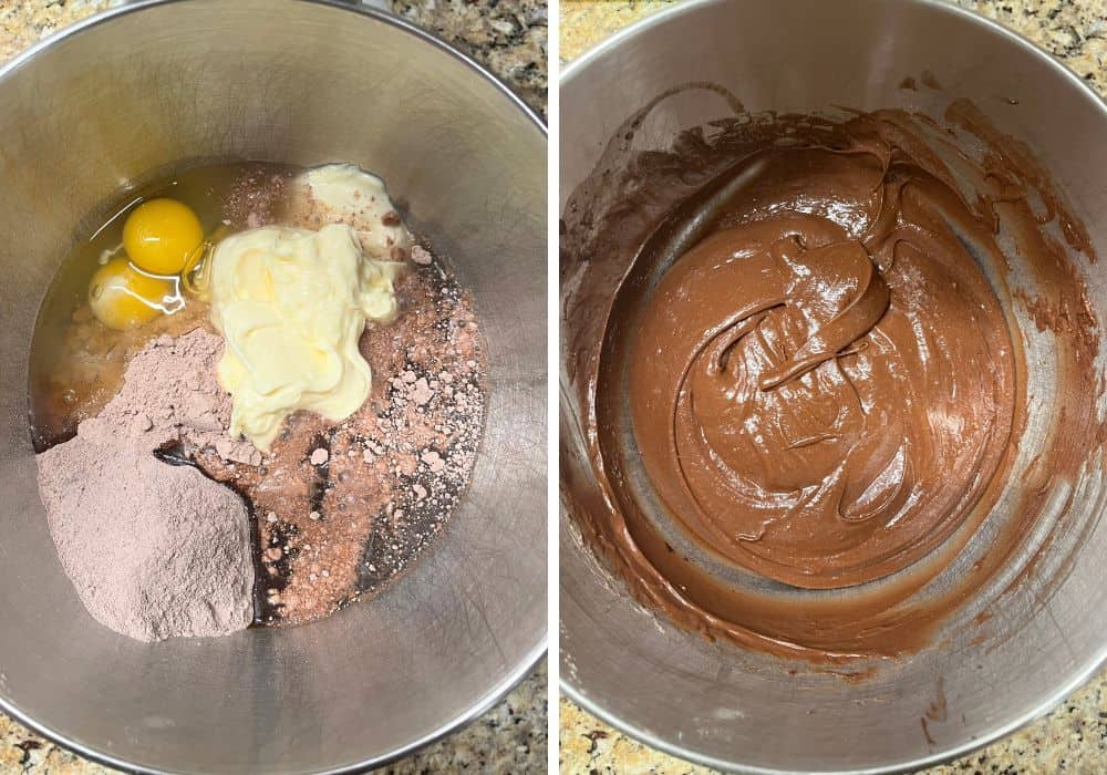 two photos; one shows all ingredients for the cake batter in a mixing bowl; the other shows the batter mixed together.