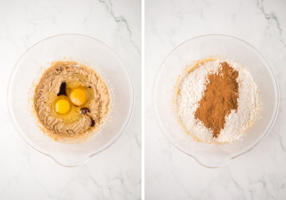 two photos; one shows wet ingredients for the churro bars in a mixing bowl; the other shows dry ingredients added to the mixing bowl.