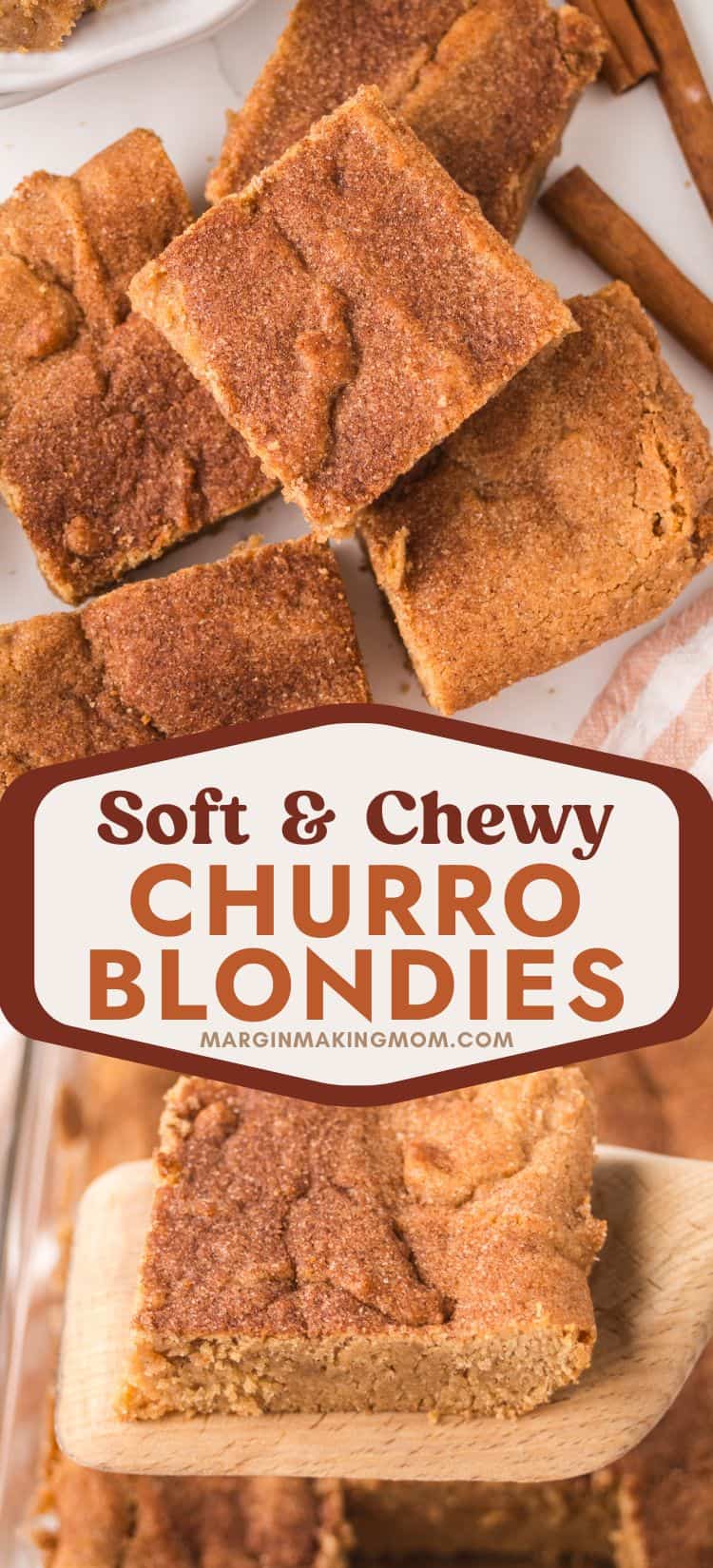 two photos; one shows churro blondies stacked together, the other shows a spatula holding a churro bar.