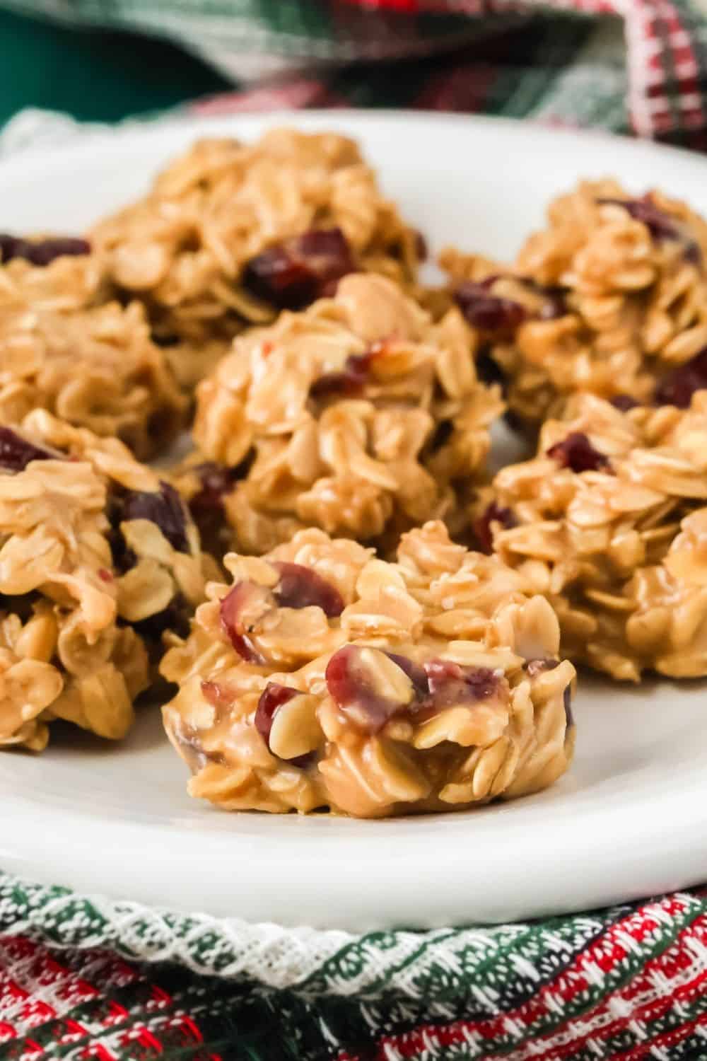 close-up detail view of no bake oatmeal cranberry cookies on a white plate.