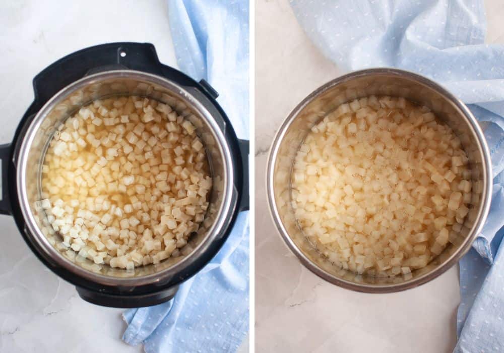 two photos; one shows frozen potatoes in the Instant Pot with broth; the other shows the potatoes after pressure cooking.