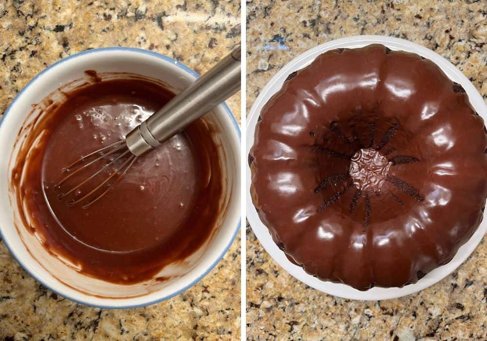 two photos; one shows chocolate icing whisked in a bowl; the other shows the icing drizzled over the top of a chocolate mayo cake from a mix.