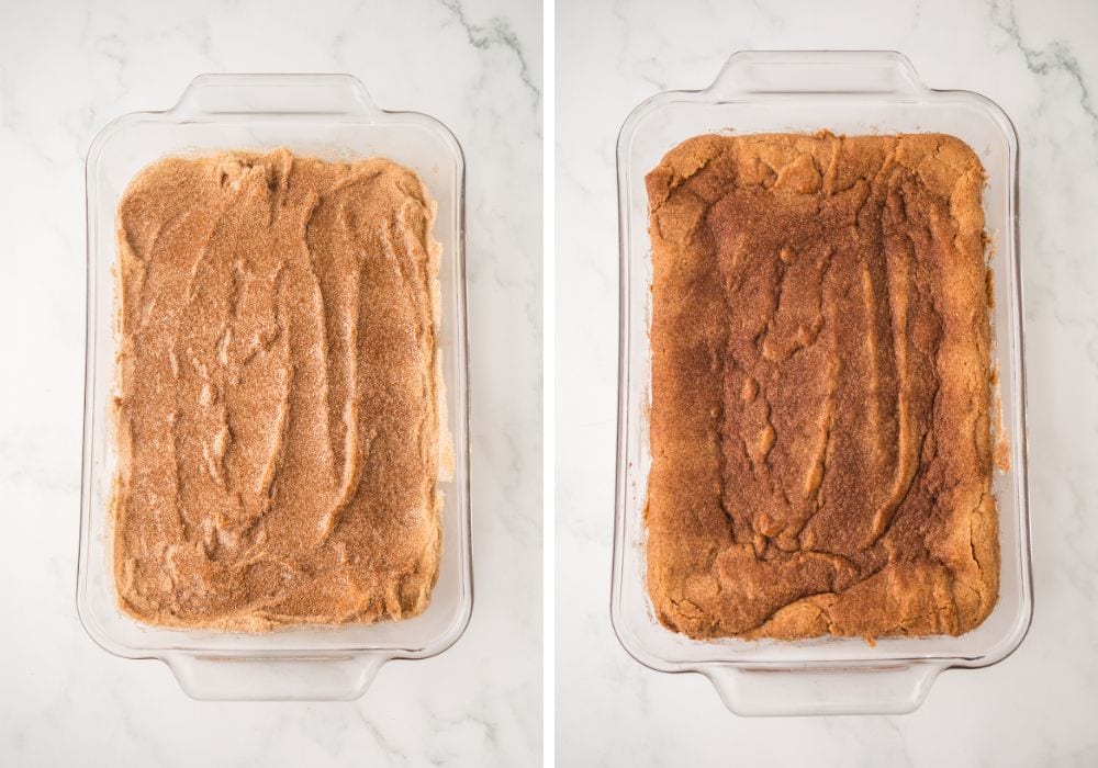 two photos; one shows churro bar batter covered with cinnamon sugar in a baking dish; the other shows the bars after being baked.