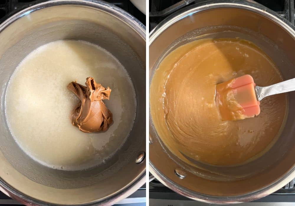 two photos; one shows cookie butter added to the melted butter and sugar mixture; the other shows the cookie butter stirred in and melted.