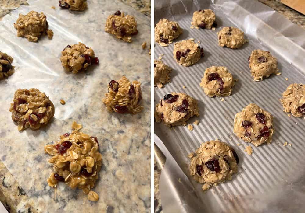two photos; one shows no-bake oatmeal cookies with dried cranberries made with a little extra milk,; the other shows the cookies made without the extra milk.