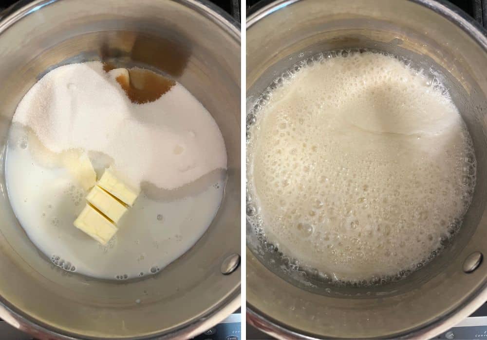 two photos; one shows butter, milk, sugar, and vanilla extract in a medium saucepan; the other shows the mixture boiling.