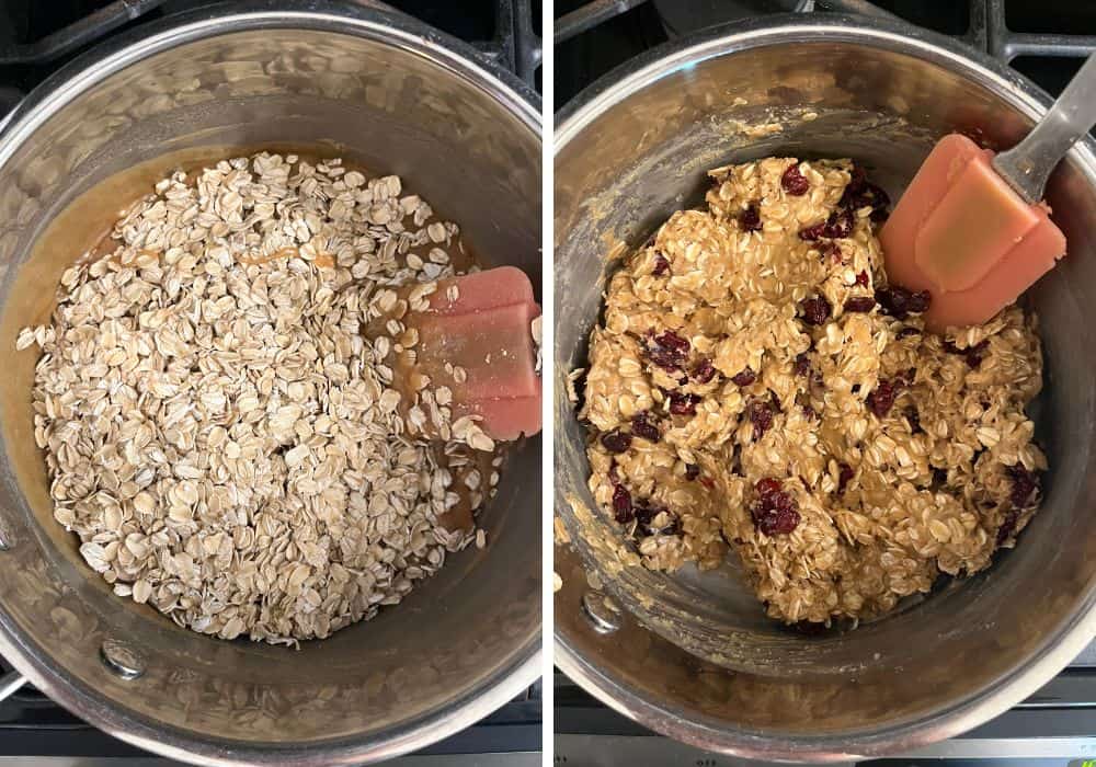two photos; one shows oats being added to the cookie butter/sugar mixture; the other shows cranberries stirred in.