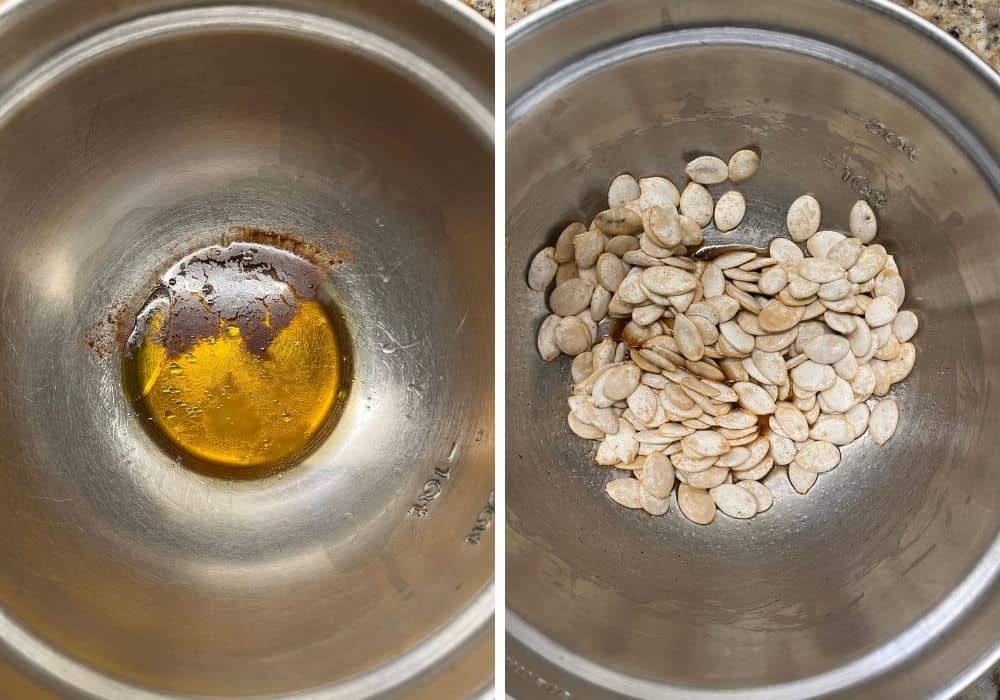 two photos; one shows olive oil, maple syrup, bourbon whiskey, salt, and ground cinnamon in a mixing bowl; the other shows pumpkin seeds added to the bowl.