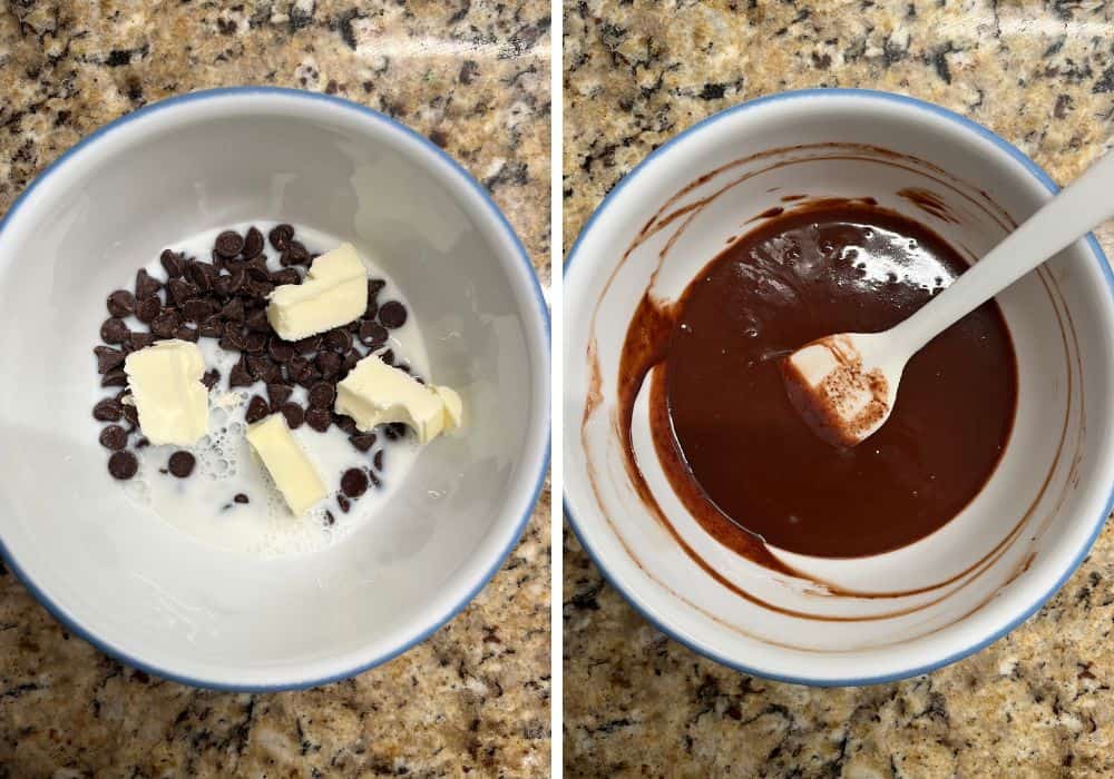 two photos; one shows chocolate chips, butter, and milk in a small bowl; the other shows those stirred together and melted.