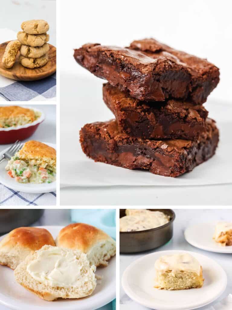 collage image featuring five recipes made with Bisquick baking mix, such as cookies, brownies, dinner rolls, cinnamon rolls, and chicken casserole.