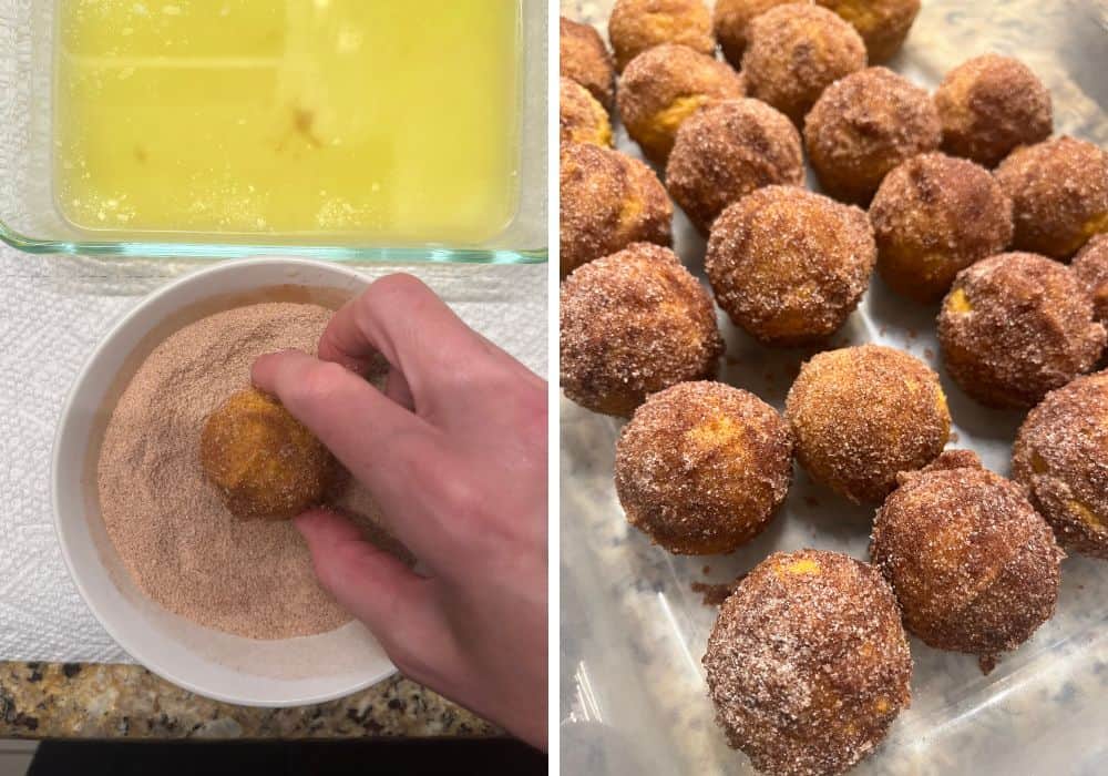 two photos; one shows a hand rolling a pumpkin donut bite in cinnamon sugar; the other shows the pumpkin donut bites after they've all been rolled in the mixture.