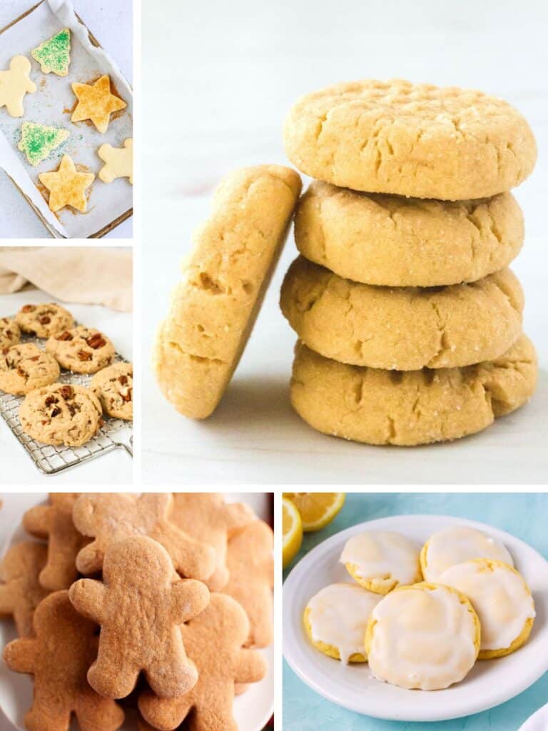 collage image featuring five photos of cake mix cookie recipes.