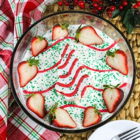 overhead view Christmas Tree Cake trifle in a glass trifle dish.