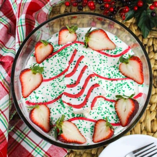 overhead view Christmas Tree Cake trifle in a glass trifle dish.