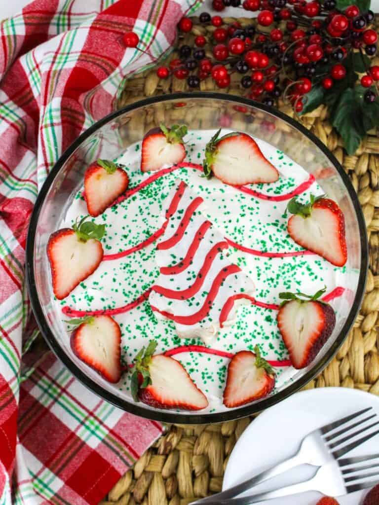 overhead view Christmas Tree Cake trifle in a glass trifle dish.