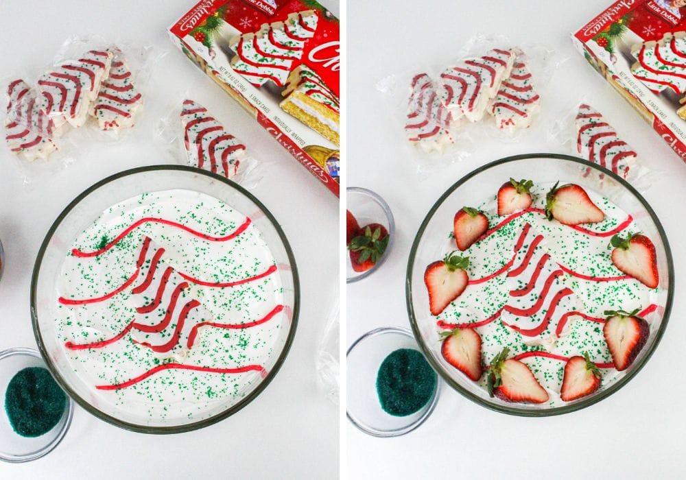 two photos; one shows a glass trifle filled with Christmas trifle and decorated to look like a Christmas Tree Cake; the other shows the dish garnished with fresh strawberries.