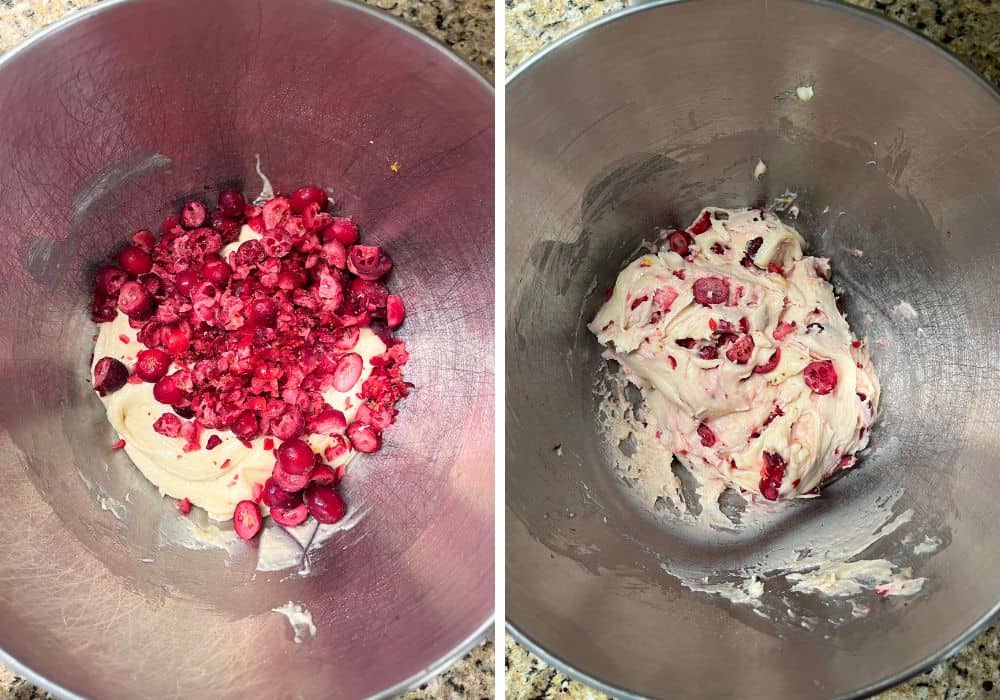 two photos; one shows chopped cranberries added to the cookie dough in the mixing bowl; the other shows the berries folded into the batter.