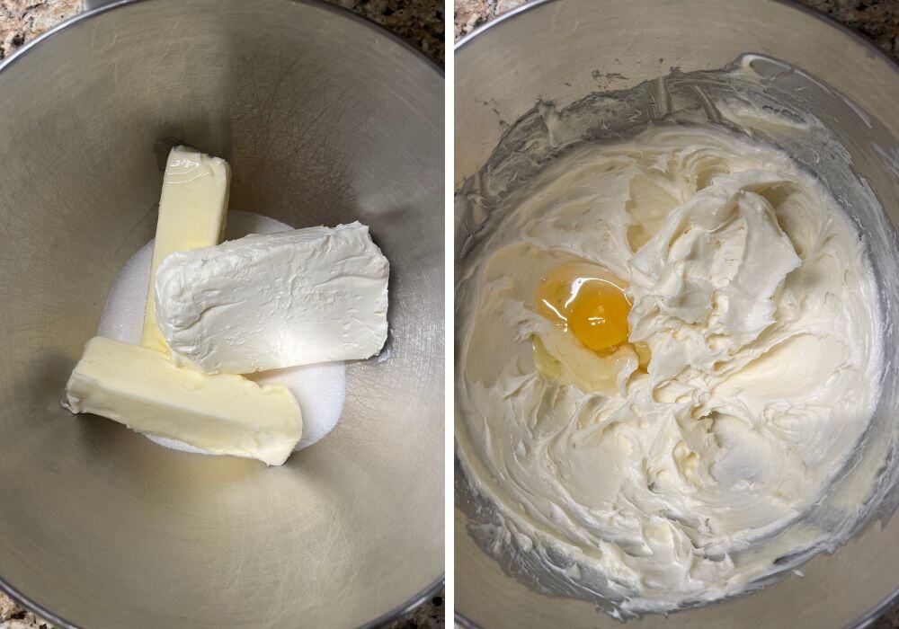 two photos; one shows butter, cream cheese, and sugar in a mixing bowl; the other shows those beaten together and an egg added.