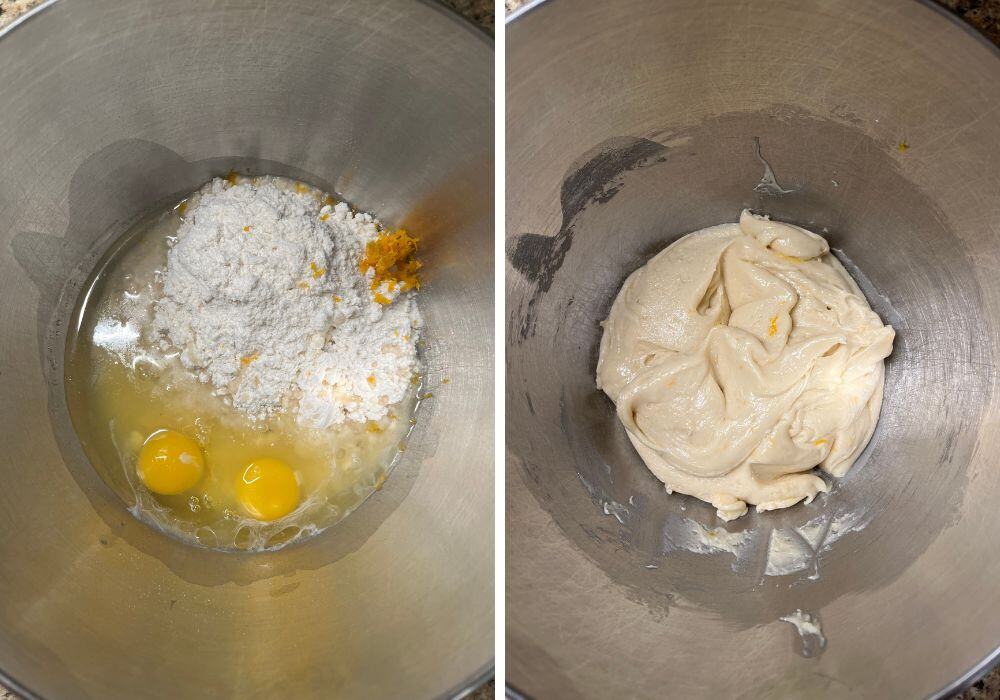 two photos; one shows ingredients for cranberry orange cookies in a mixing bowl; the other shows the cookie dough after being mixed.