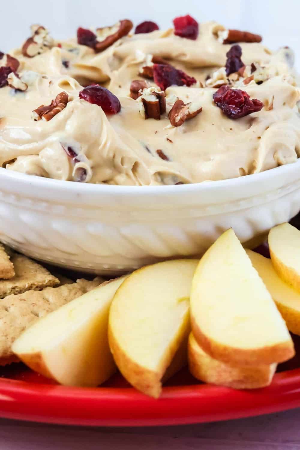 close-up side view of a white bowl of cranberry pecan cold dip, with apple slices next to it.
