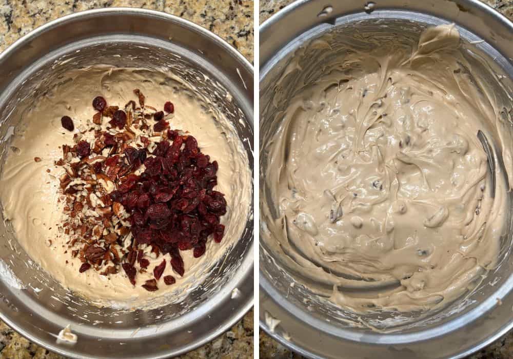 two photos; one shows dried cranberries and chopped pecans added to dip in a mixing bowl; the other shows the ingredients all stirred together.
