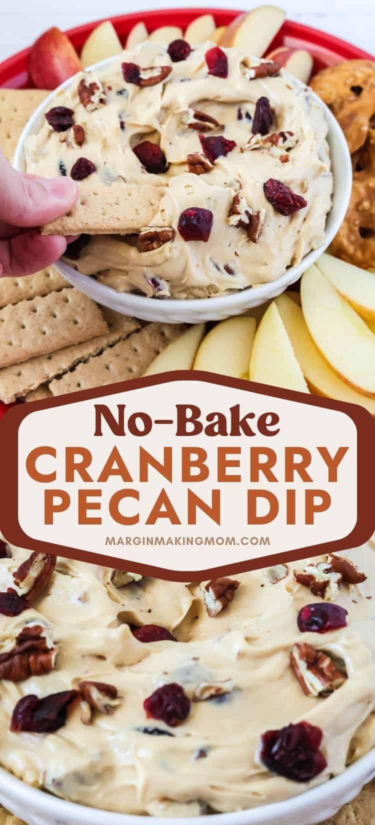 two photos; one shows a graham cracker being dipped into cranberry pecan appetizer dip, the other is a close-up of the creamy dip.