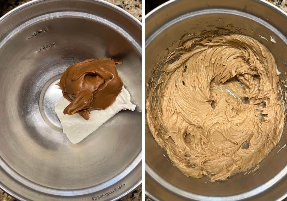 two photos; one shows cream cheese and Biscoff cookie butter in a bowl; the other shows those beaten together until smooth.